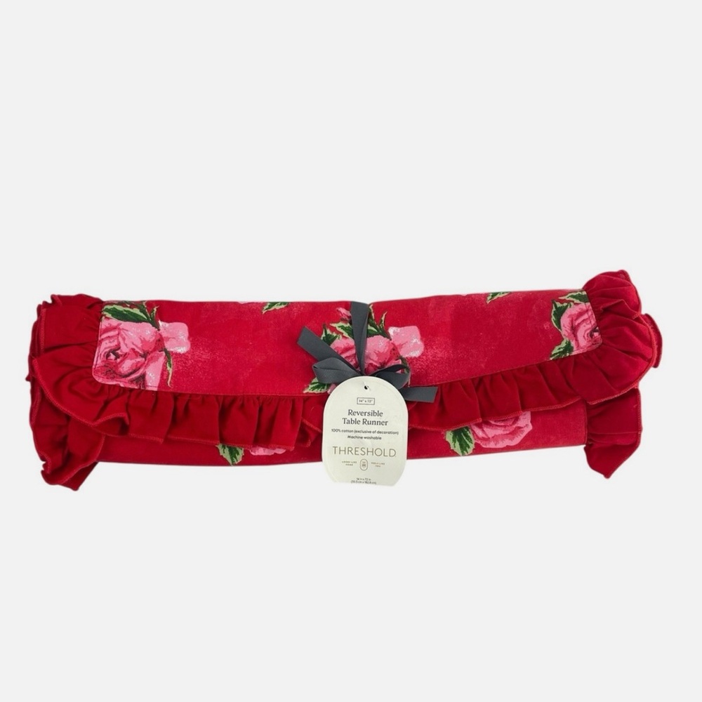 Threshold Reversible Table Runner Red Roses & Stripes-Ruffled Edge 72”x14" - Picture 4 of 6